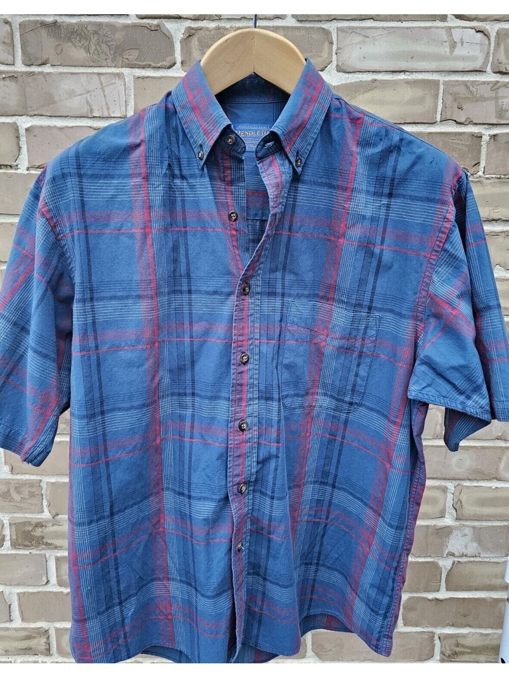 Vintage Pendleton Plaid Short Sleeve Button Down Shirt Men's M Blue Pink